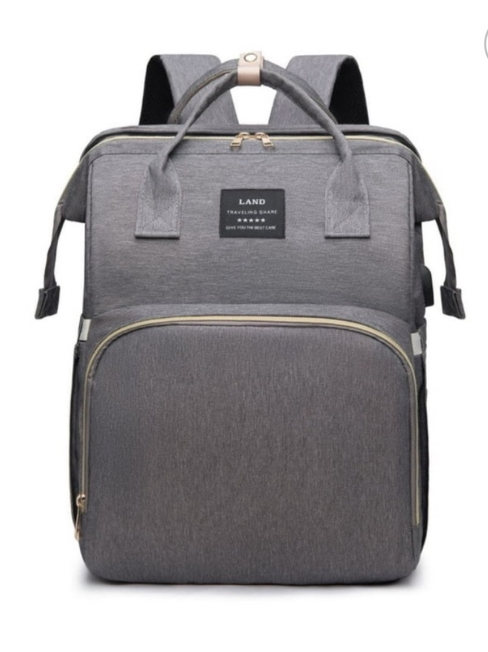LAND Gray Convertible Women’s Backpack Diaper Bag Tote with Gold Zipper